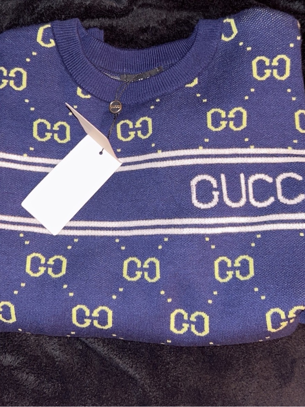Gucci Navy and Yellow GG Pattern Crewneck Sweater